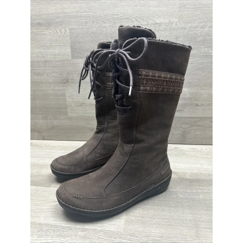 TEVA‎ Kiru Brown Nubuck Leather  Fleece Lined Mid Calf Boots Decorative Woven 8